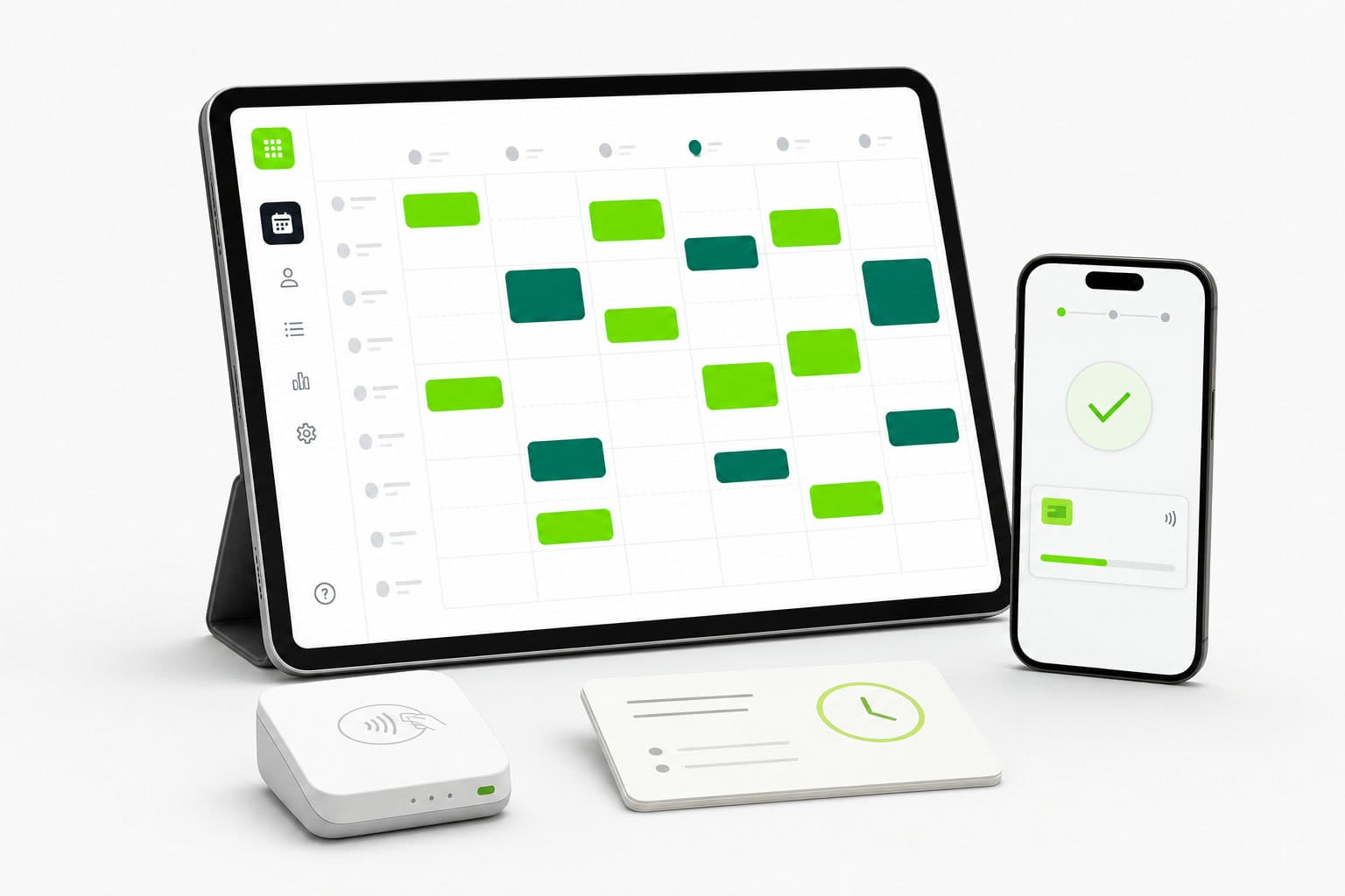 QZee shown on a tablet and phone with an organised booking calendar and a successful card payment