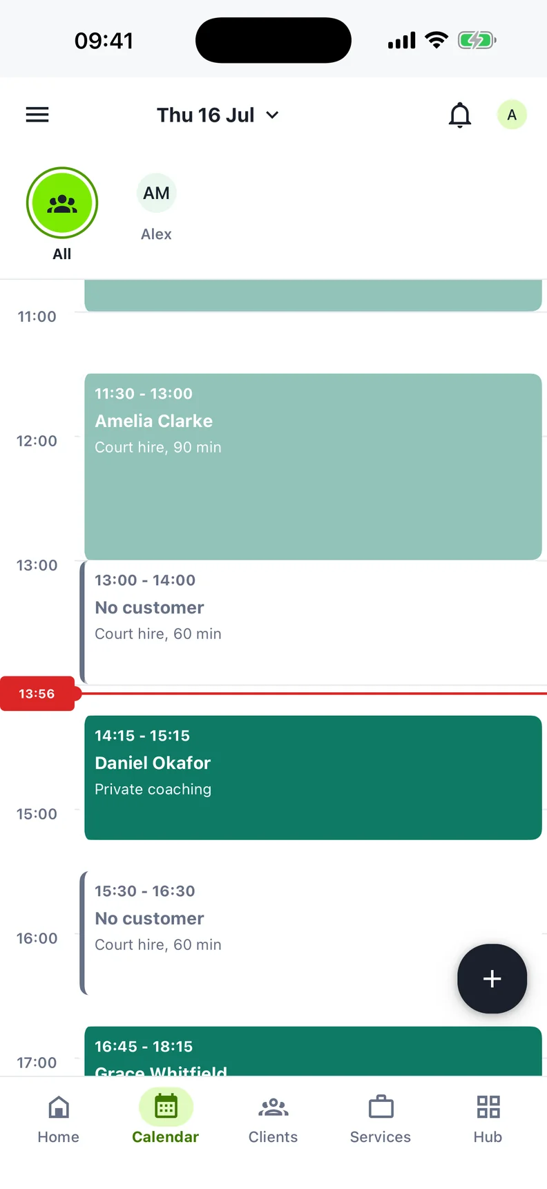 QZee Business calendar showing a day's court bookings and available time, using fictional demo data