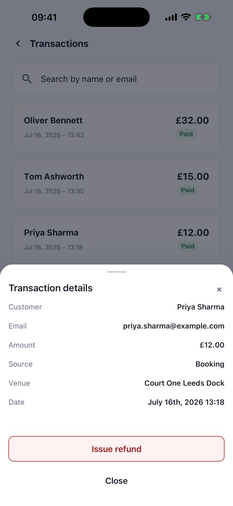 QZee Business transaction details showing a demo booking payment of twelve pounds